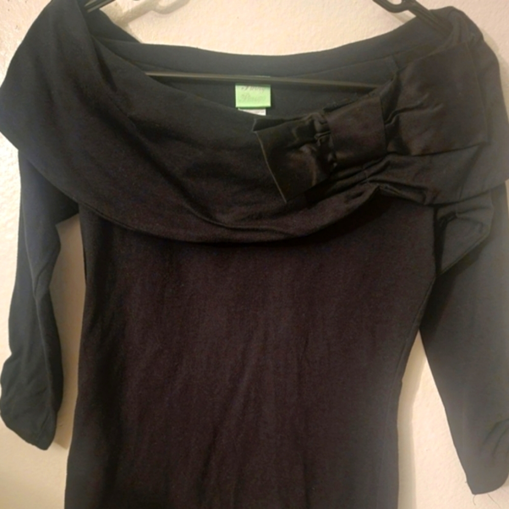 Pinky Pinup Vintage Off Shoulders Black Top w/ Black Bow on Left Front Shoulder.